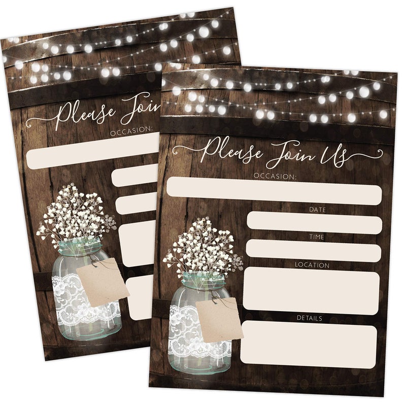 Your Main Event Prints 20 Rustic Country Wood Barrel Invitations â€“ Fill-In Style 5x7 Invites for Wedding, Bridal Shower, Baby Shower, Birthday, Engagement, Anniversary, or Party - Image 1